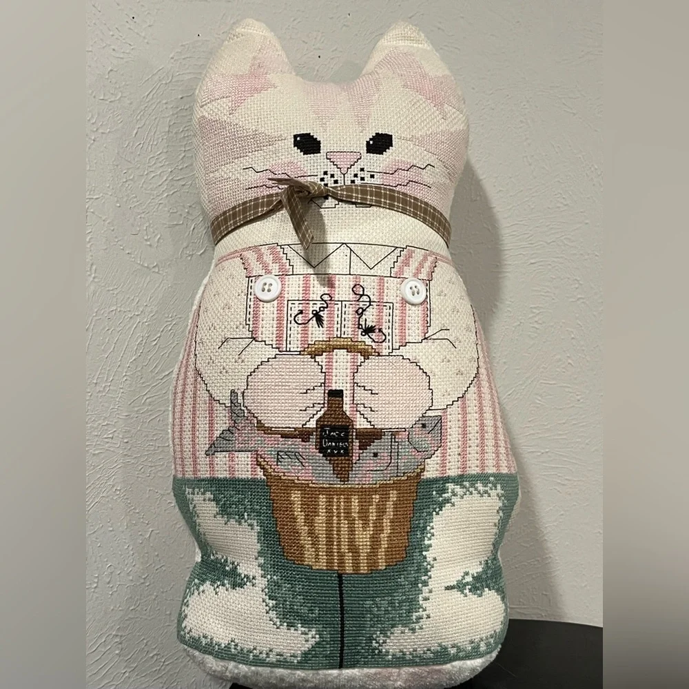 Handcrafted Cat Plush with Pink and Green Accents, needlepoint